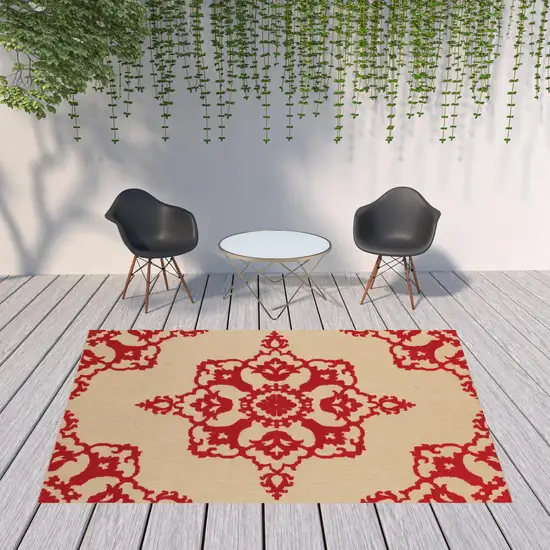 Sand Oriental Stain Resistant Indoor Outdoor Area Rug Photo 2