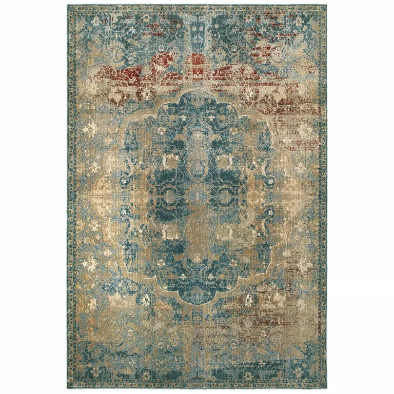 Sand and Blue Distressed Indoor Area Rug Photo 1