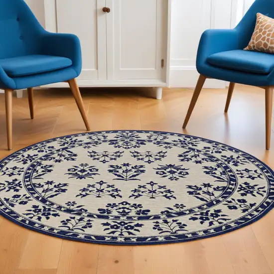 8' Blue Round Hand Tufted Area Rug With UV Protection Photo 1