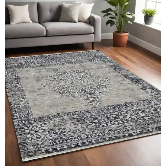 Sand Or Charcoal Medallion Bordered Area Rug Photo 1