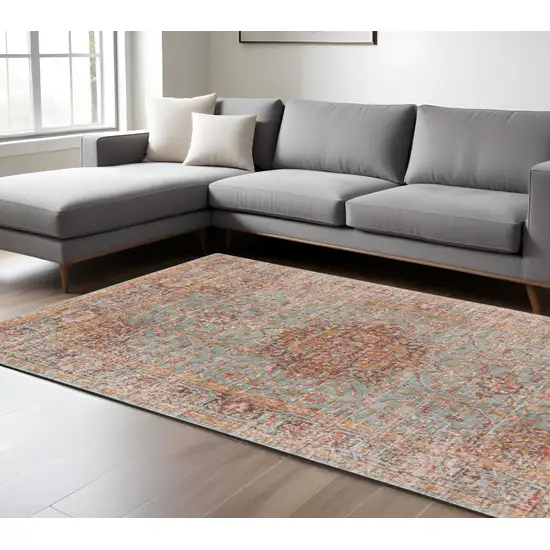 Teal Red and Orange Medallion Power Loom Area Rug Photo 1