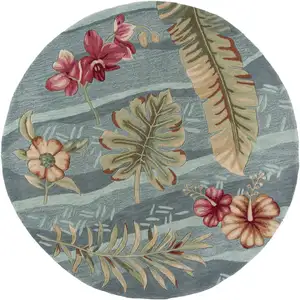 Photo of Seafoam Green Hand Tufted Tropical Plants Round Indoor Area Rug