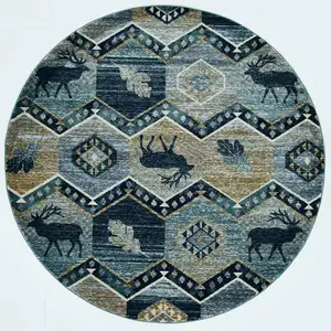 Photo of Seafoam Machine Woven Geometric Lodge Round Indoor Area Rug