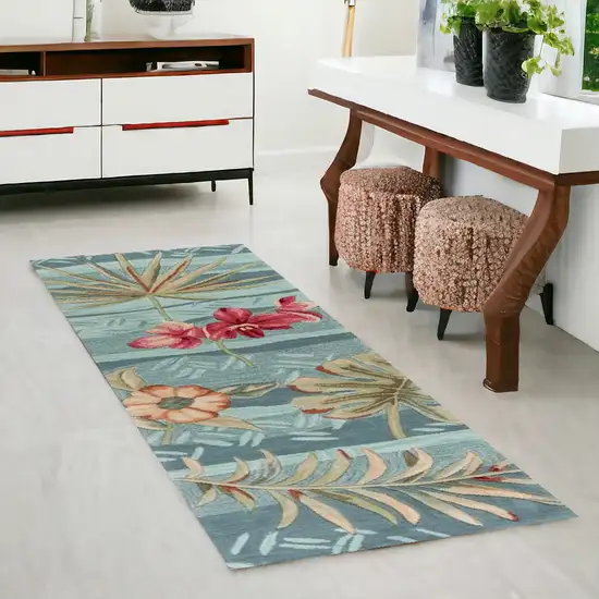 Seafoam Tropical Leaves Runner Rug Photo 1