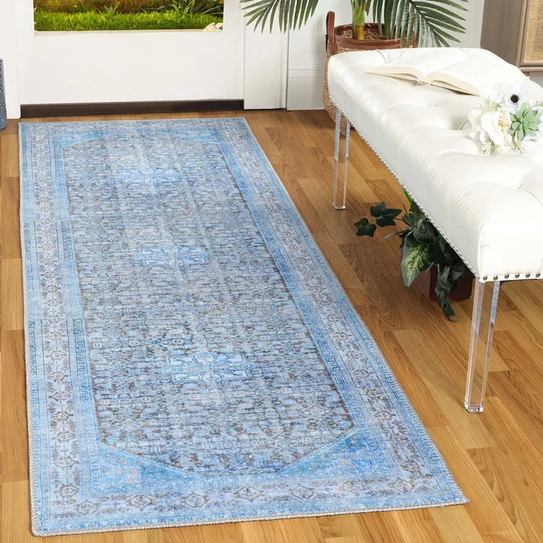 Shades Of Azure Oriental Medallion Resistant Runner Rug Photo 2