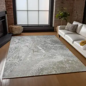 Photo of Silver Abstract Washable Non Skid Indoor Outdoor Area Rug