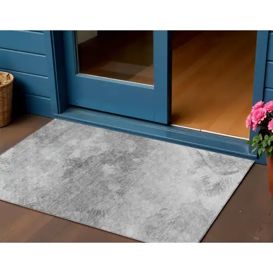 Silver Abstract Washable Non Skid Indoor Outdoor Area Rug Photo 1