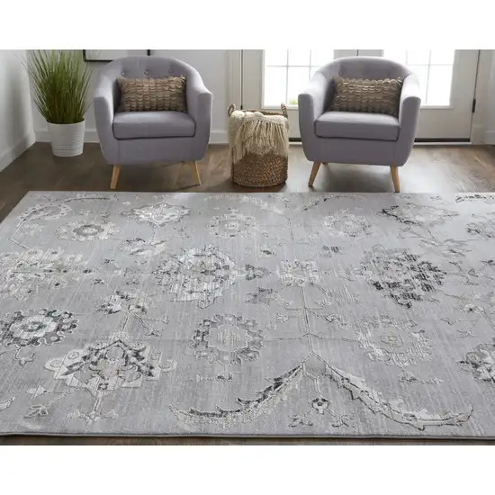 Silver And Black Floral Power Loom Distressed Area Rug Photo 2