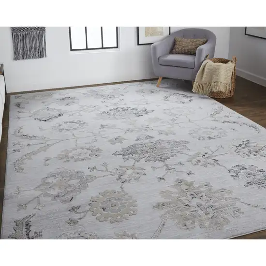 Silver And Black Floral Power Loom Distressed Area Rug Photo 1