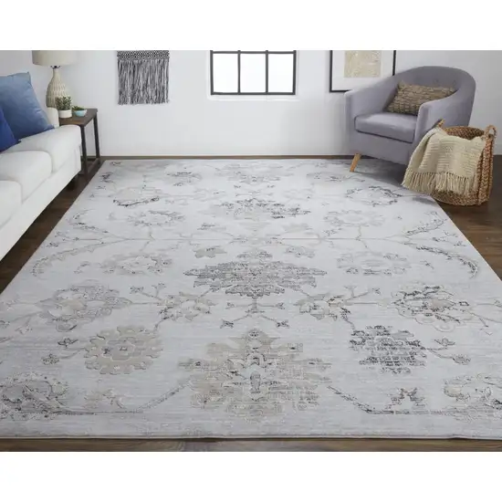 Silver And Black Floral Power Loom Distressed Area Rug Photo 6