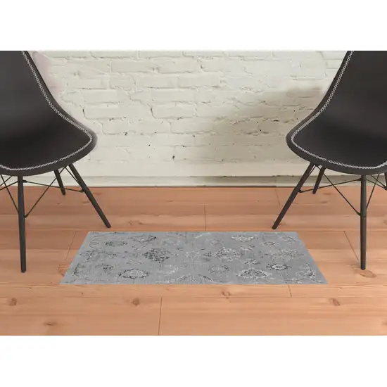 Silver And Black Floral Power Loom Distressed Area Rug Photo 2