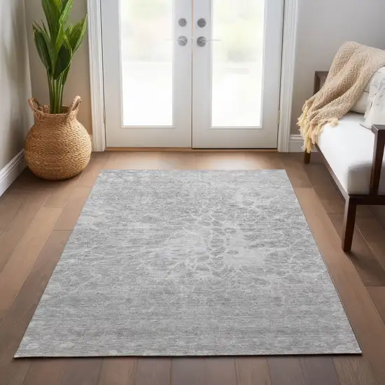 Silver And Gray Abstract Washable Indoor Outdoor Area Rug Photo 9