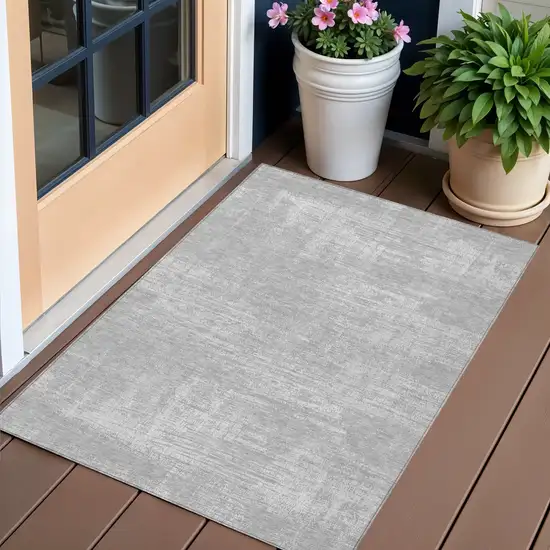 Silver And Gray Abstract Washable Indoor Outdoor Area Rug Photo 1