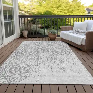 Photo of Silver And Gray Medallion Washable Indoor Outdoor Area Rug