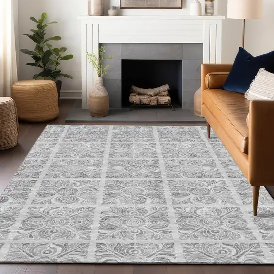 Silver And Gray Medallion Washable Indoor Outdoor Area Rug Photo 8