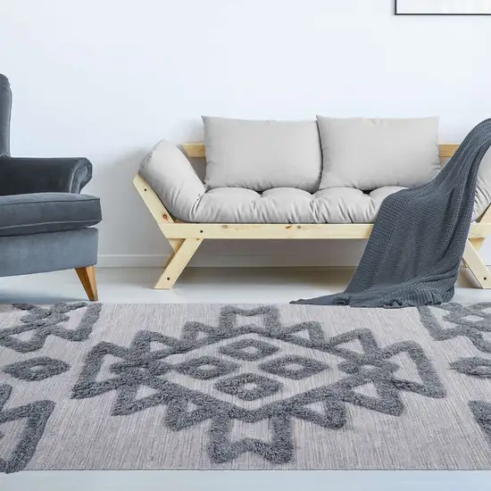 Silver And Grey Wool Geometric Flatweave Handmade Stain Resistant Area Rug With Fringe Photo 7