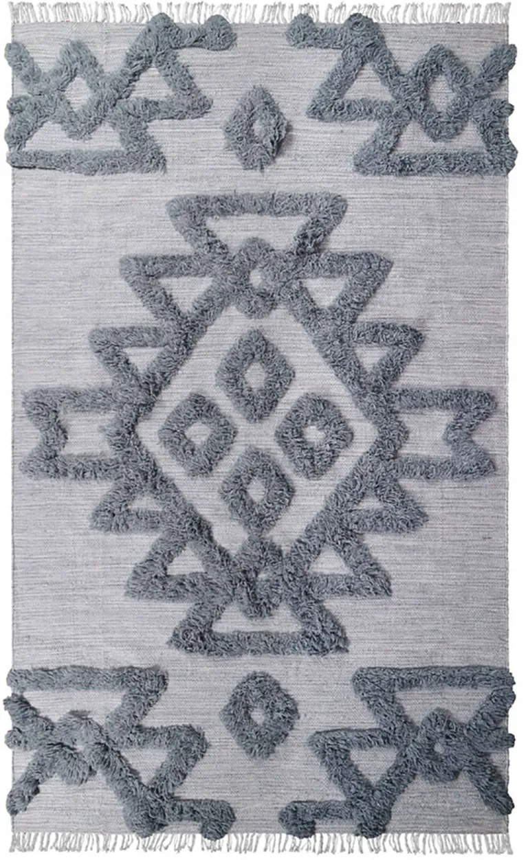 Silver And Grey Wool Geometric Flatweave Handmade Stain Resistant Area Rug With Fringe Photo 1