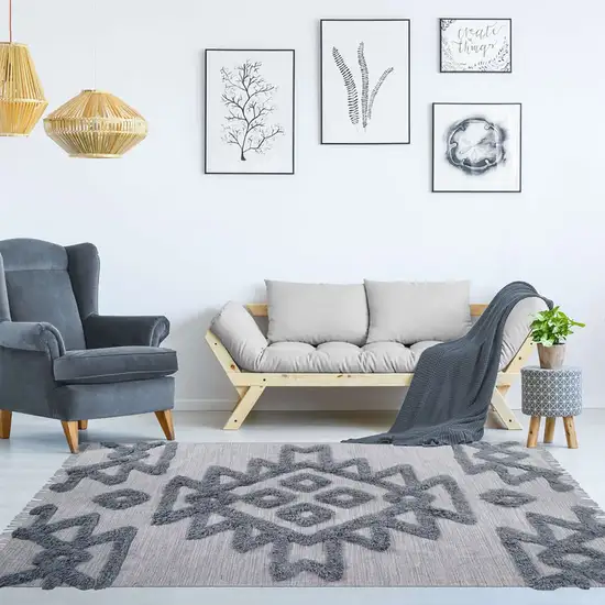 Silver And Grey Wool Geometric Flatweave Handmade Stain Resistant Area Rug With Fringe Photo 6