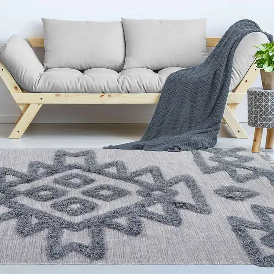 Silver And Grey Wool Geometric Flatweave Handmade Stain Resistant Area Rug With Fringe Photo 8