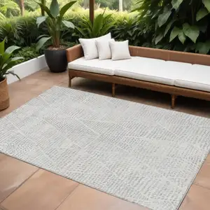 Photo of Silver And Ivory Geometric Washable Indoor Outdoor Area Rug