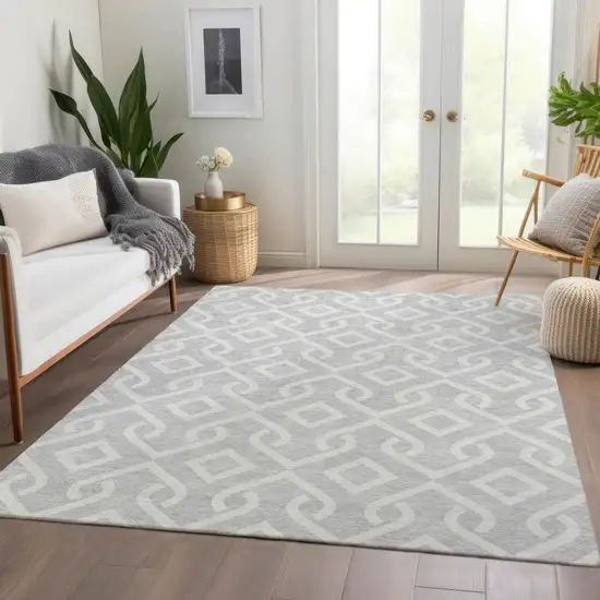 Silver And Ivory Geometric Washable Indoor Outdoor Area Rug Photo 7