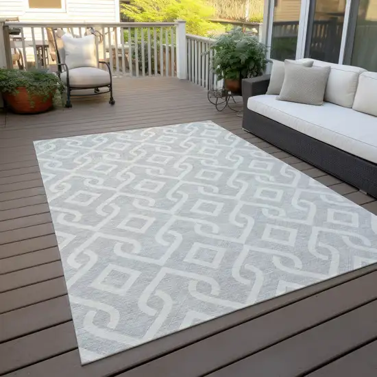 Silver And Ivory Geometric Washable Indoor Outdoor Area Rug Photo 9