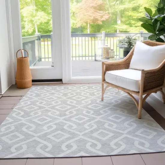 Silver And Ivory Geometric Washable Indoor Outdoor Area Rug Photo 8