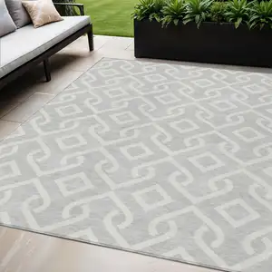 Photo of Silver And Ivory Geometric Washable Indoor Outdoor Area Rug