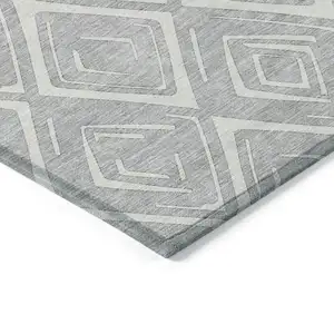 Photo of Silver And Ivory Geometric Washable Indoor Outdoor Area Rug