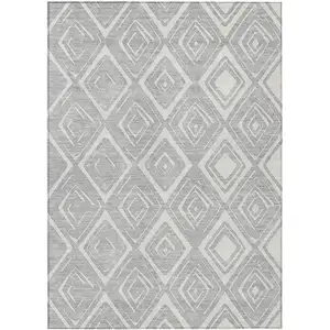 Photo of Silver And Ivory Geometric Washable Indoor Outdoor Area Rug