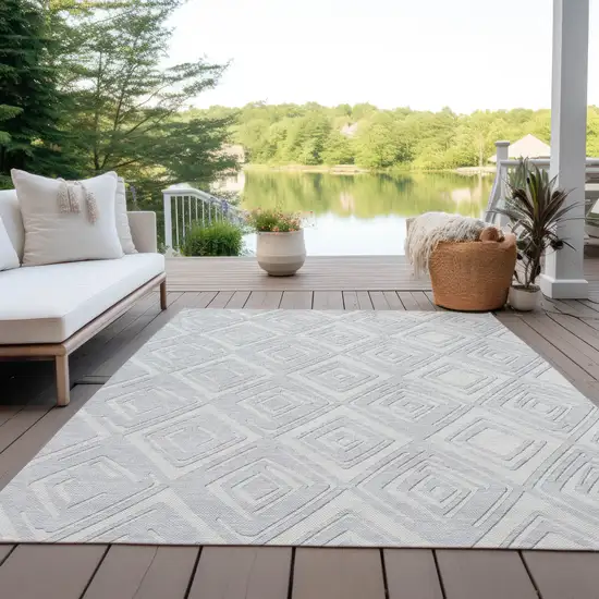 Silver And Ivory Geometric Washable Indoor Outdoor Area Rug Photo 8