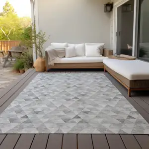 Photo of Silver Beige And Taupe Geometric Washable Indoor Outdoor Area Rug