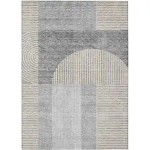 Photo of Silver Gray And Beige Geometric Washable Indoor Outdoor Area Rug