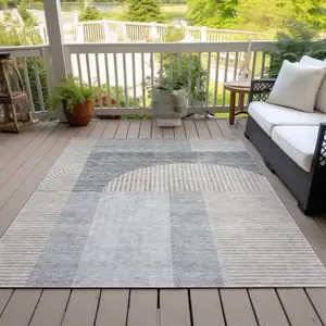 Photo of Silver Gray And Beige Geometric Washable Indoor Outdoor Area Rug