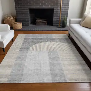 Photo of Silver Gray And Beige Geometric Washable Indoor Outdoor Area Rug