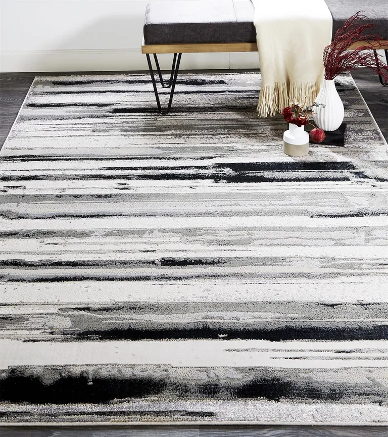 Silver Gray And Black Abstract Stain Resistant Area Rug Photo 5