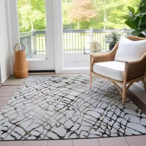 Photo of Silver Gray And Charcoal Abstract Washable Indoor Outdoor Area Rug