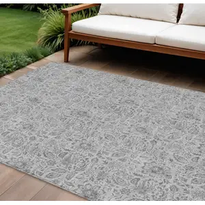 Photo of Silver Gray And Charcoal Floral Washable Indoor Outdoor Area Rug