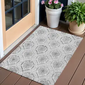 Photo of Silver Gray And Charcoal Medallion Washable Indoor Outdoor Area Rug