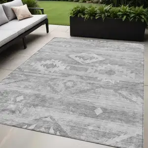 Photo of Silver Gray And Charcoal Southwestern Washable Indoor Outdoor Area Rug