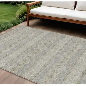 Photo of Silver Gray And Gold Floral Medallion Washable Indoor Outdoor Area Rug