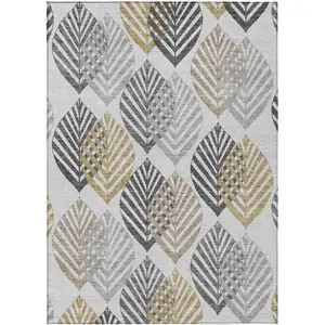 Photo of Silver Gray And Gold Floral Washable Indoor Outdoor Area Rug