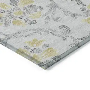 Photo of Silver Gray And Gold Floral Washable Indoor Outdoor Area Rug