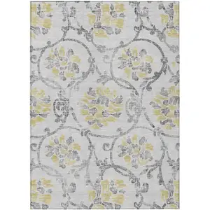 Photo of Silver Gray And Gold Floral Washable Indoor Outdoor Area Rug