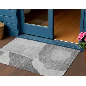 Photo of Silver Gray And Graphite Abstract Washable Indoor Outdoor Area Rug