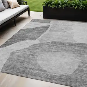 Photo of Silver Gray And Graphite Abstract Washable Indoor Outdoor Area Rug