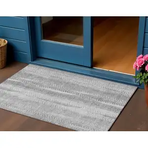 Photo of Silver Gray And Graphite Botanical Leaves Washable Indoor Outdoor Area Rug