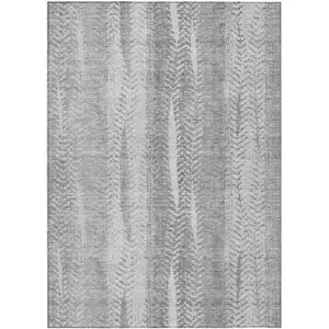 Photo of Silver Gray And Graphite Botanical Leaves Washable Indoor Outdoor Area Rug