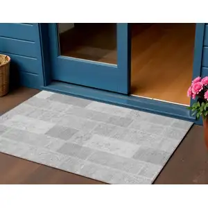 Photo of Silver Gray And Graphite Patchwork Washable Indoor Outdoor Area Rug