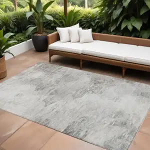 Photo of Silver Gray And Ivory Abstract Washable Indoor Outdoor Area Rug